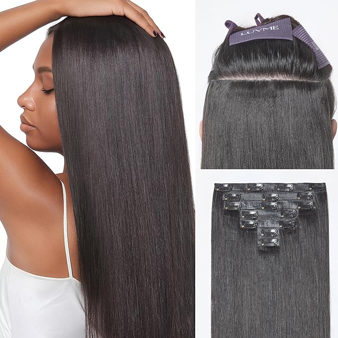 LUVME 0.59mm Zero Trace Invisible Clip in Hair Extensions, Yaki Straight 7 Pcs 100g 16 Inch, 100% Real Human Hair Clip Ins, Easy Clip On Set for Layered Looks and Comfortable Everyday Volume