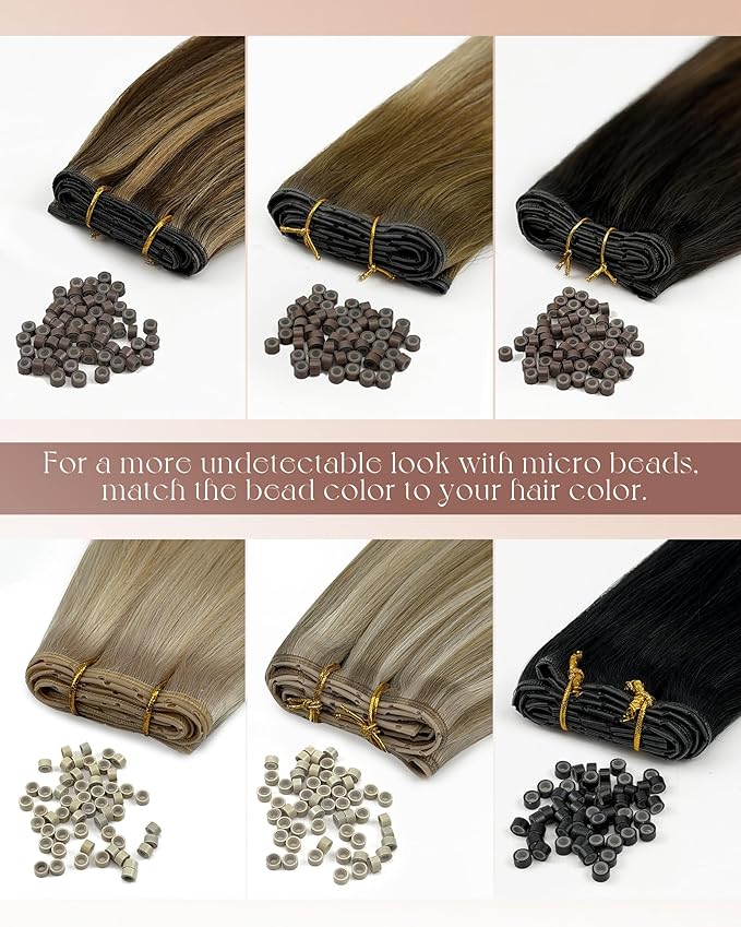 Sunny Hair Genius Weft Hair Extensions with Bead 18Inch Butterfly Weft Hair Extensions Golden Blonde Highlight Dirty Blonde Double Layered Remy Invisible Add Volume 100G