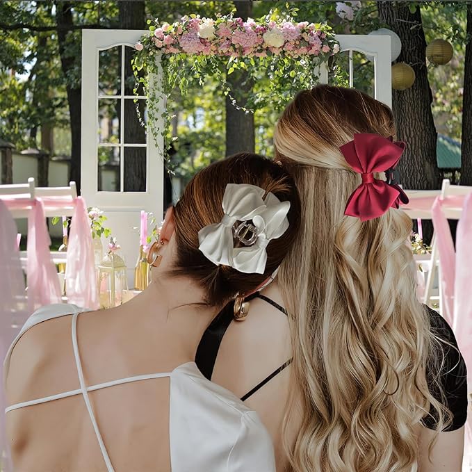 Bow Claw Clip,StrongHold Cute Bow Hair Claw Clips for Women Girls,Nonslip Silky Big Hair Bows Ribbons for Hair Claws,Large Claw Clips for Thick/Thin Hair Styling Accessories Gifts (white,red)