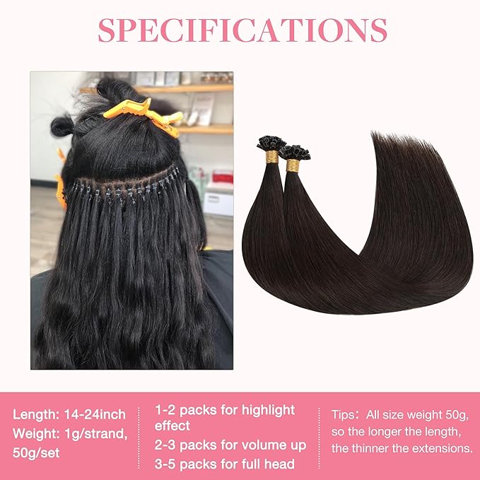 GOO GOO U Tip Real Human Hair Extensions, 16inch 50g 50S, Hot Fusion, Invisible Remy, 2 Dark Brown