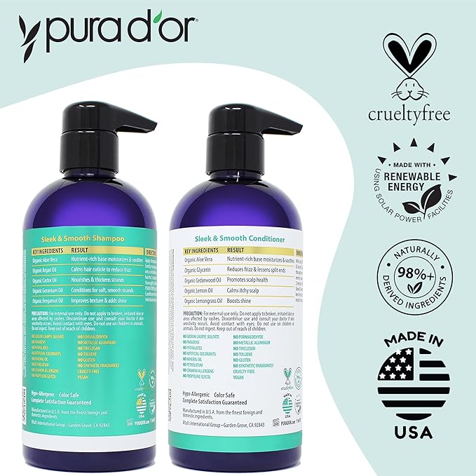 PURA D'OR Sleek & Smooth Shampoo (16oz) Soothing and Strengthening Formula with Organic Aloe Vera, Argan, Castor, Bergamot & Geranium