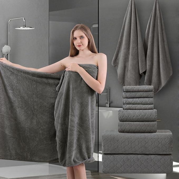 8-Piece Bath Towels Set,2 Oversized Large Bath Towels Sheet,2 Hand Towels and 4 Washcloths - 600 GSM Soft Microfiber Highly Absorbent Quick Dry Shower Towel Collection for Bathroom Hotel and Spa,Brown