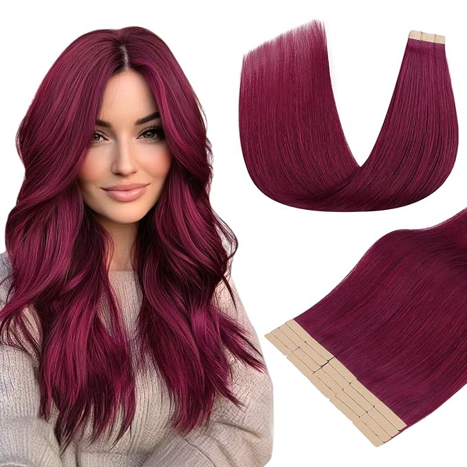 DOORES Hair Extensions Tape in Human Hair, Burgundy 14 Inch 50g 20pcs, Tape in Human Hair Extensions Straight Remy Hair Double Side Tape Extensions Natural Hair