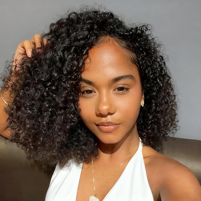 SENSAIRUITE Deep Wave Half Wig Human Hair Curly Half Wigs for Women - Upgrade Drawstring 3 in 1 Seamless Flip Over Glueless Wig 14-inch Natural Black