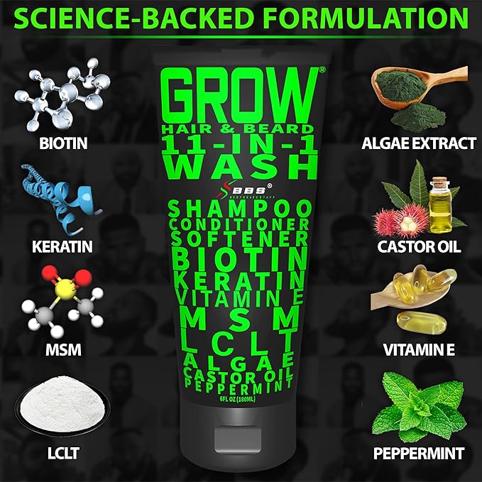 GROW Hair & Beard Wash 11-in-1 – Beard Wash & Conditioner + Beard Growth Shampoo with Biotin, Castor Oil, Peppermint, Keratin – Supports Hair & Beard Growth