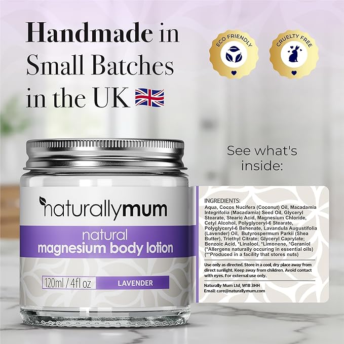NaturallyMum - Magnesium Body Lotion [NATURAL & VEGAN] - Topical Magnesium Chloride Cream Lotion Support for Sleep, Bone, Heart & Muscle Health - Lavender - Made in UK & Safe for Kids