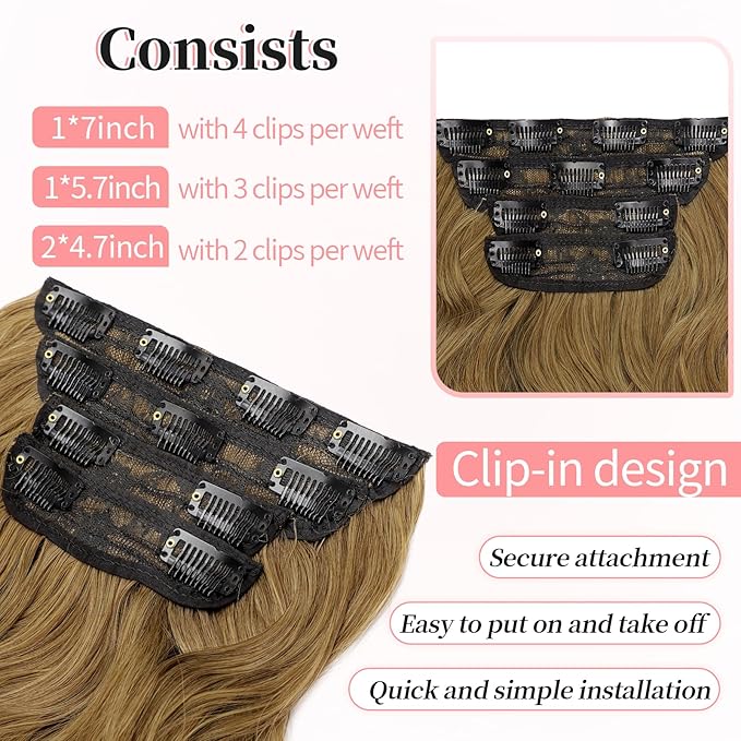 KooKaStyle Clip in Synthetic Hair Extensions Long Wavy 4PCS Thick Hairpieces Brown with Multi - Tone Highlights Fiber Double Weft Natural Hair Extensions 20 Inch for Women