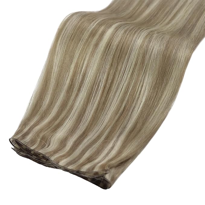 Fshine Genius Weft Hair Extensions Real Human Hair 14 Inch Light Brown with Platinum Blonde Clip in Hair Extensions Highlighted Clip in Extensions Human Hair 120 Gram 7pcs