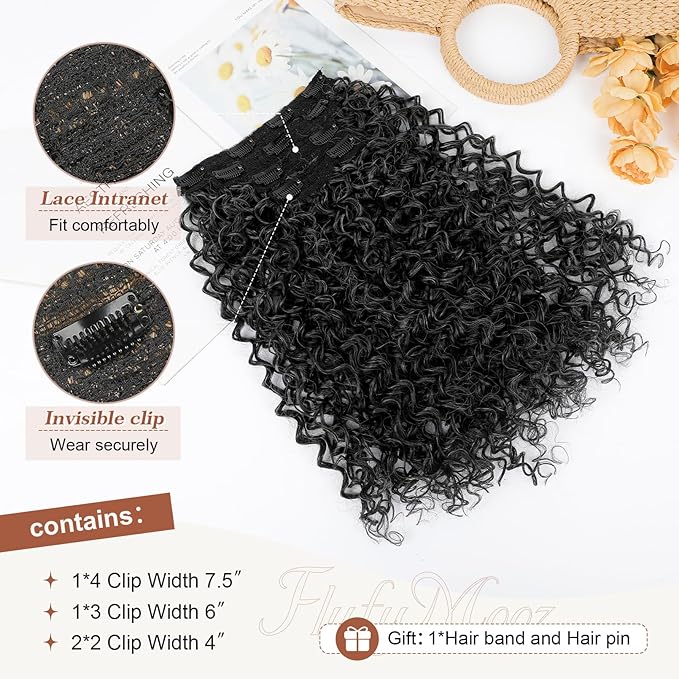 Flufymooz Clip in Hair Extensions, 4PC 100％ Pure Protein Silk Hair Extensions Long Soft Natural Hairpiece 20 Inch Curly Hair Extension for Women-Black with Little Silver
