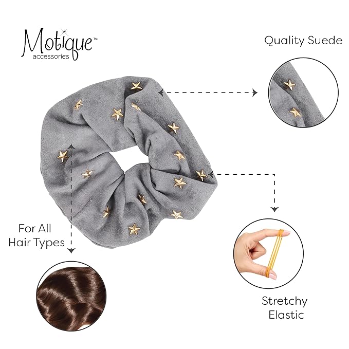 Large Suede Scrunchie with Hearts and Stars (Grey Gold Stars)