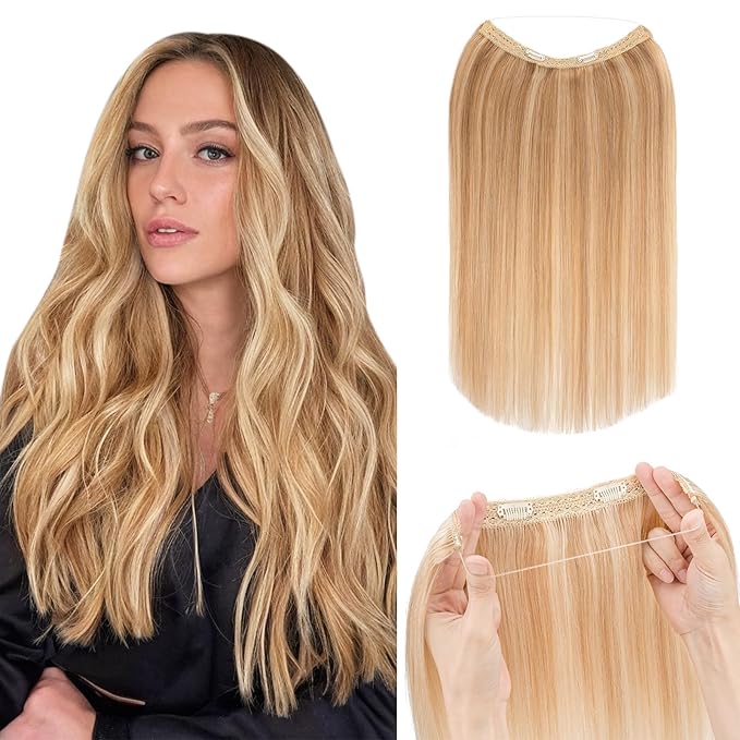 Hairro Wire Hair Extensions Human Hair, Fish Line Invisible Adjustable & Clips in Extensions Straight, 100% Real Hairpieces Seamless Blending for Women, 12 Inch 65g Golden Brown Mix Bleach Blonde