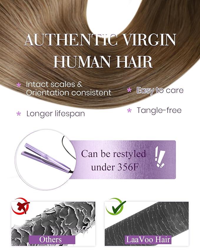LaaVoo Nano Hair Extensions Human Hair Balayage 18 Inch Nano Bead Hair Extensions Light Brown Fading to Dark Honey Blonde Mixed Brown Nano Extensions Human Hair 50s 50g