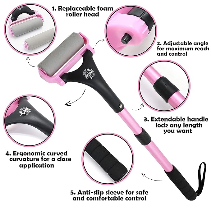 EASACE Lotion Applicator for Back & Body, Long Handle 21.5inch Adjustable Lotion Roller with 2 Replacement Roller for Back self(Pink)