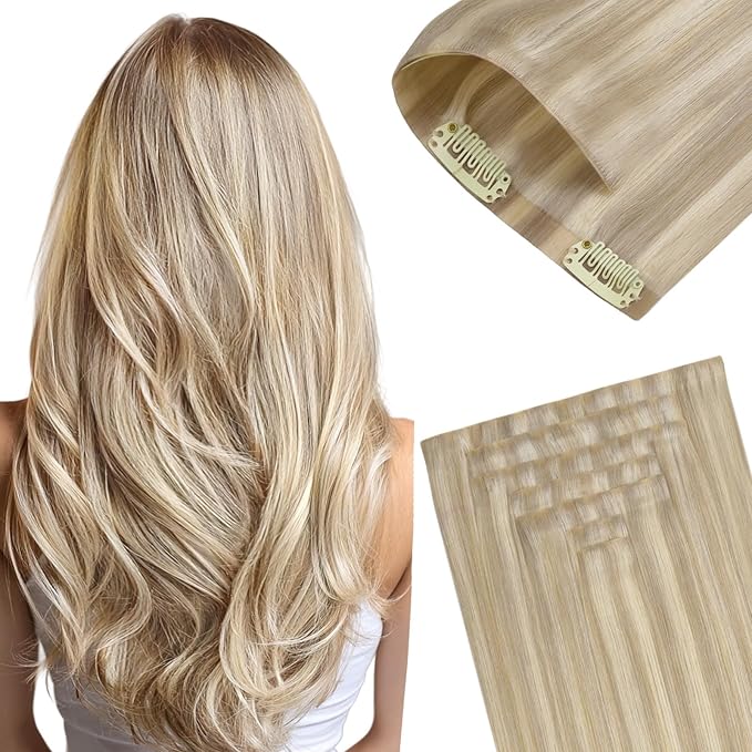 GOO GOO Invisi Edge Clip in Hair Extensions 20inch 130g 7Pcs Injected Seamless PU Clip in Hair Extensions, Virgin Real Human Hair, 17A/60A Ash Blonde Highlighted Platinum Blonde