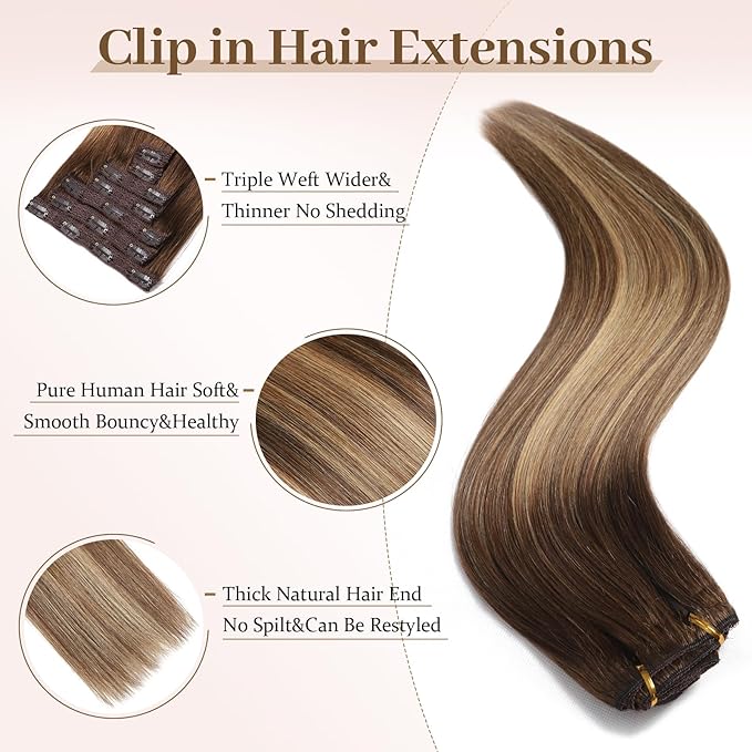 Sisily Clip in Hair Extensions Real Human Hair, Premium Human Hair Clip in Extensions Chocolate Brown to Blonde Balayage, Soft Straight Hair Extensions Real Human Hair Clip ins 7PCS （20 Inch）