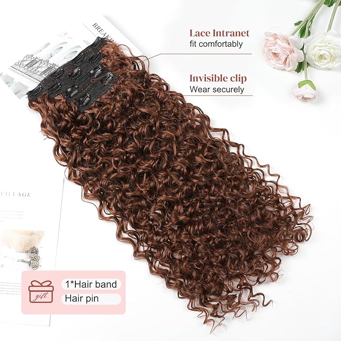 LONAI 4PC Clip in Hair Extensions, 100％ Pure Protein Silk Curly Hair Extension for Women, 26 Inch Long Soft Natural Hair Extensions-Copper Red