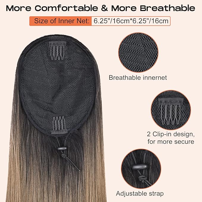 SEIKEA 28" Drawstring Ponytail Extension for Black Women Long Straight Fake Hair Natural Soft Clip in Hair Extensions Synthetic Heat Resistant Hairpiece Natural Black/Light Brown/Honey Blonde