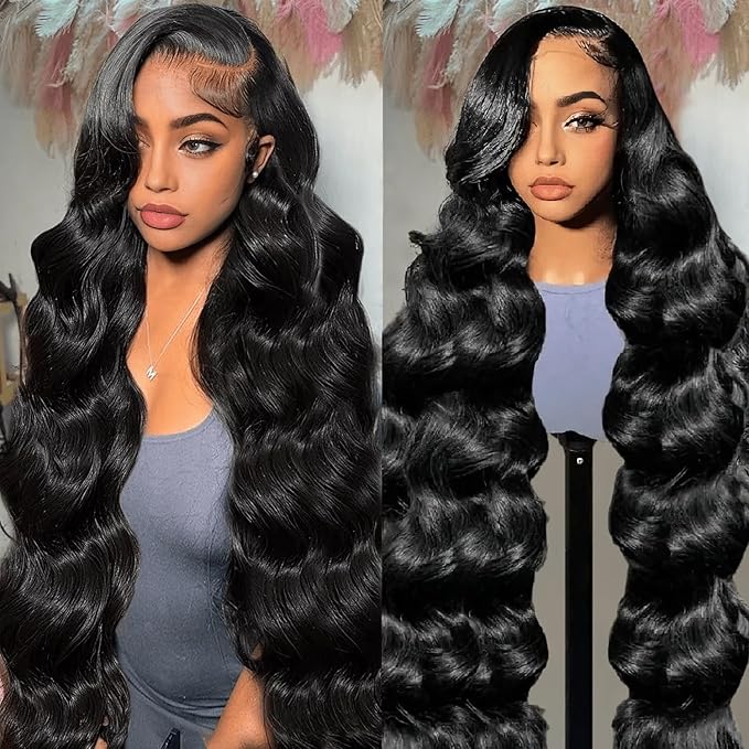 BELE 36 Inch 13x6 Full Lace Front Wigs Human Hair HD Transparent Body Wave Lace Front Wigs Human Hair Pre Plucked Bleached Tiny Knots Full Lace Frontal Wig Upgraded 14A 180 Dentisty Natural Black