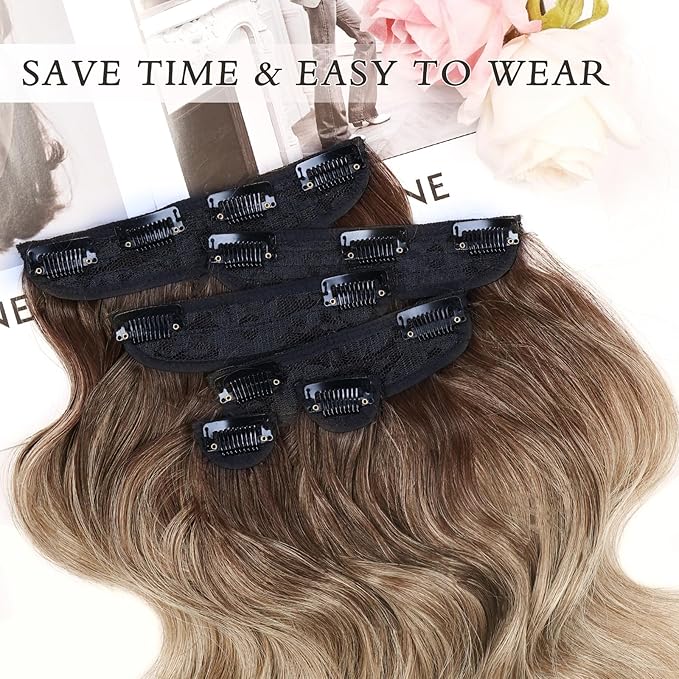 NAYOO Clip in Hair Extensions for Women 14 Inch Short Wavy Curly Ombre Brown to Blonde Hairpieces Full Head Synthetic Hair Hairpieces(6PCS,Ombre Brown to Blonde)