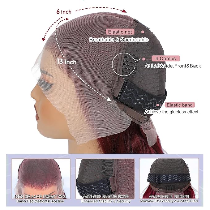 99j Burgundy 13x6 Body Wave Lace Front Wigs Human Hair 200% Density Glueless HD Transparent Lace Frontal Wigs Human Hair Pre Plucked With Baby Hair Burgundy Wine Red Wigs For Women 34 Inch