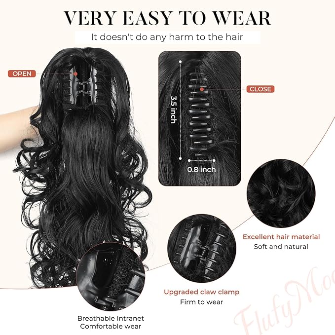 Flufymooz Ponytail Extension, 18 inch Wavy Curly Claw Clip Ponytail Extension Clip on Ponytails Natural Synthetic Hairpiece for Women Daily Wear (Chocolate Brown with Medium Blonde)
