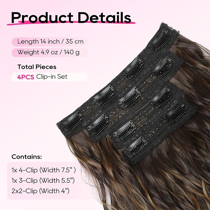 REECHO Clip-in Hair Extensions, 4PCS 14" Wavy Hairpieces - Invisible Lace Weft, Natural Soft Hair - Dark Brown with Highlights