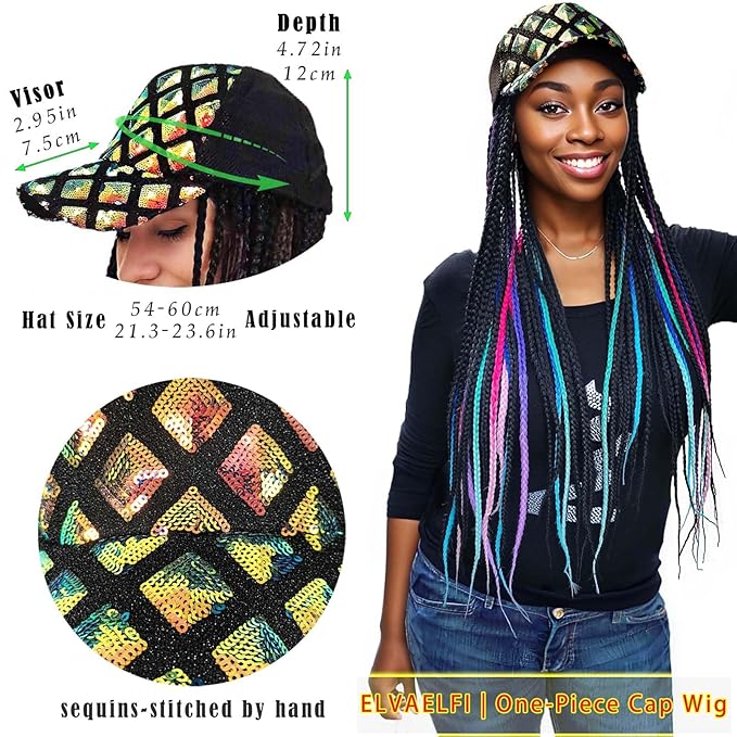 Cooling Mesh Baseball Cap Wig 24" Multi-colored Box Braid Hair Extensions, Long Braided Hair for Women Girls
