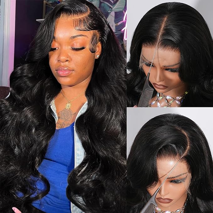 32 Inch Body Wave Lace Frontal Wig 0.10mm Ultra-thin Invisible Swiss Lace Wigs 13x4 Skinlike HD Lace Pre plucked Bleached Knots 200% Density Glueless Wigs Human Hair Natural Black for Women