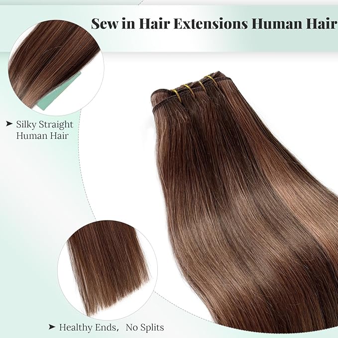 Weft Hair Extensions Human Hair Sew in Brown to Auburn Highlight Real Human Hair Wefts Straight 16 Inch 100G Medium Brown Highlighted Auburn Hair Extensions Sew in Hair Bundles for Full Head