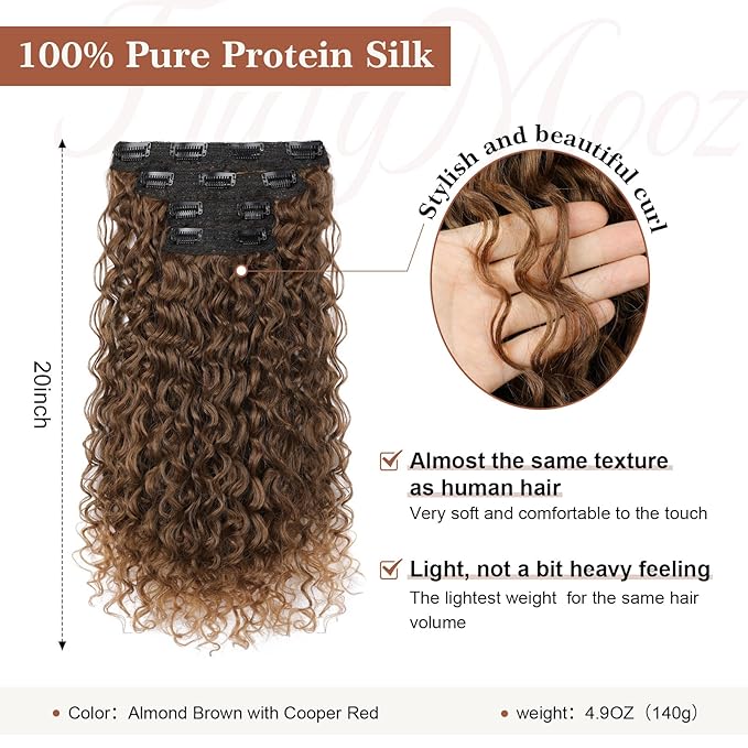 Clip in Hair Extensions, FLUFYMOOZ 4PC 100％ Pure Protein Silk Hair Extensions Long Soft Natural Hairpiece 20 Inch Curly Hair Extension for Women (Almond Brown with Cooper Red)