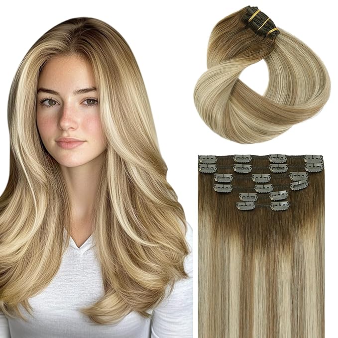 Clip in Hair Extensions Real Human Hair Double Weft Balayage Color Walnut Brown To Ash Brown And Golden Blonde,Clip in Hair Extensions,22 Inch 120g,6pcs Per Set With 18 Clips（#3/8/22,22")