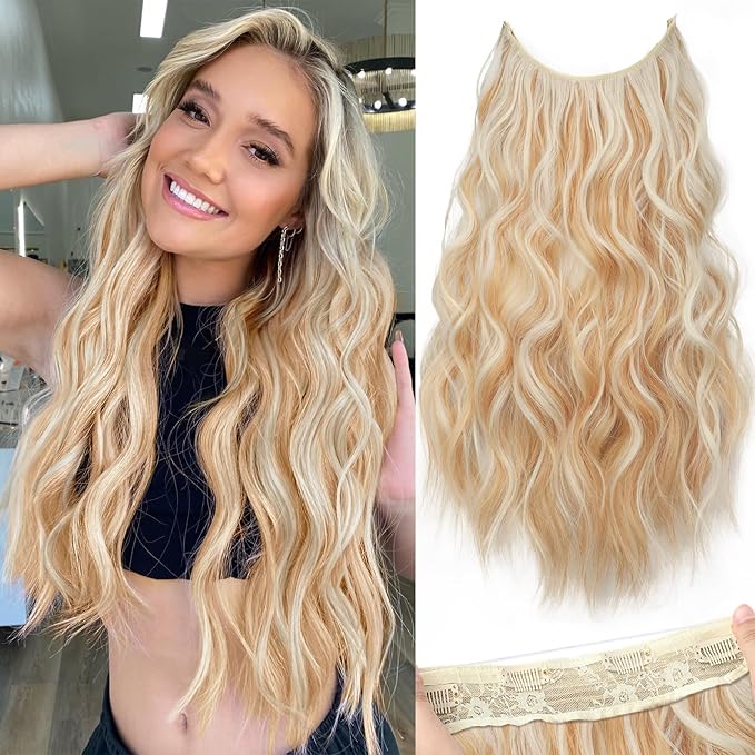 KooKaStyle Invisible Wire Hair Extensions with Transparent Wire Headband Adjustable Size 4 Secure Clips Long Wavy Hairpiece Platinum Blonde mix Orange Blonde 20inch for Women