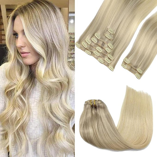 GOO GOO Remy Human Hair Clip in Extensions - Natural Real Hair, 22in 150g 9Pcs, Balayage Ash to Platinum Blonde