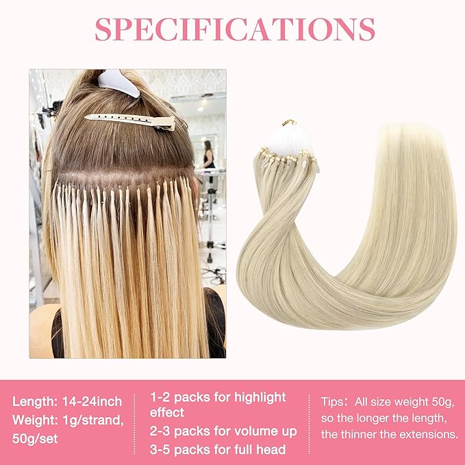 GOO GOO Micro Link Tip Hair Extensions Real Human Hair, 14inch 50g 50S, Invisible Remy Cold Fusion Micro Link Tip Hair Extensions, 17A/60A Ash Blonde Highlighted Platinum Blonde