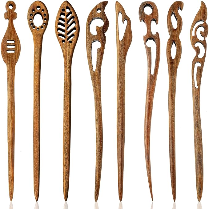 Chuangdi 8 Pieces Wooden Hair Sticks Japanese Hair Chopstick for Women Bun Maker, Chinese Chopstick Hairpin for Women Handmade Chignon Maker Accessories(Chic Pattern)