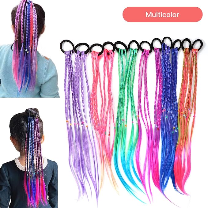 17 Inch Girls Rubber Bands Hair Extensions for Kids Crazy Hair Day Accessories Colorful Wigs Colored Braids for for Women Girls Hair with Rubber Bands Braided Synthetic Hairpieces Ponytail for 12pcs
