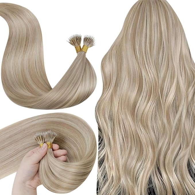 LaaVoo Nano Ring Hair Extensions Human Hair Ash Blonde Highlights Bleach Nano Bead Hair Extensios Pre Bonded Nano Extensions 50g 50s 18 Inch