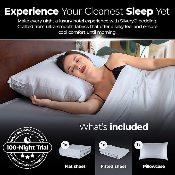 Silvery Silver Infused Bed Sheets Set - Award-Winning Self-Cooling Fabric with Self-Cleaning Silvery Technology™ That Stays Fresh 3X Longer for Hygienic Sleep (Gray, Twin XL)