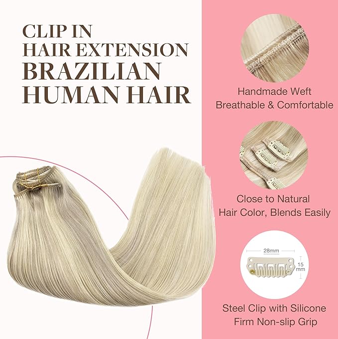 GOO GOO Clip in Hair Extensions Real Human Hair, Remy Human Hair Extensions Clip ins for Women, Natural Human Hair, 24inch 170g 7Pcs, #17A/60A Ash Blonde Highlighted Platinum Blonde