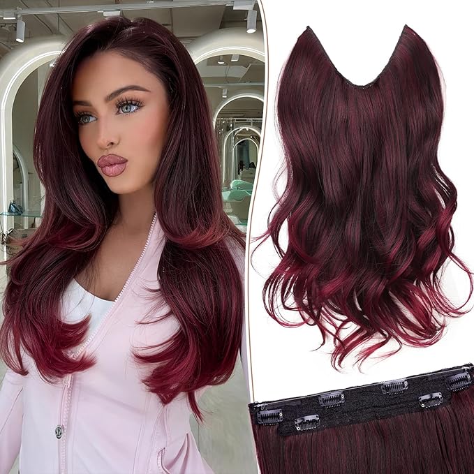 KooKaStyle Invisible Wire Hair Extensions Long Wavy Layered Synthetic Hair Extensions with Transparent Wire Adjustable Size 6 Secure Clips Ombre Burgundy mix Black Hairpieces for Women 16 Inch