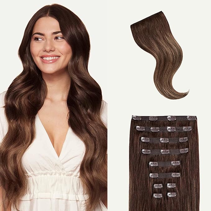 Luxy Hair 24" Chocolate Brown Balayage Classic Clip-In Hair Extensions (240 grams) 100% Remy Human Hair, Natural,Volume, 10-Piece Set, Blends Easily
