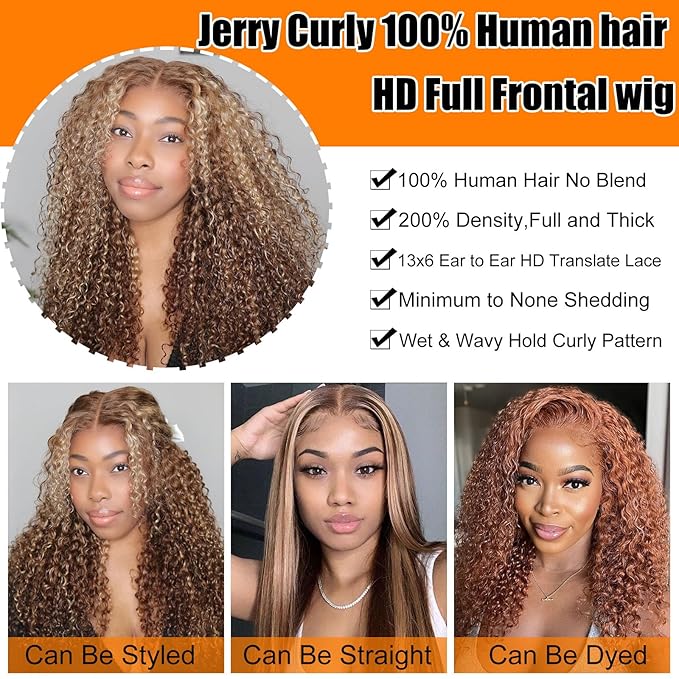 200 Density Honey Blonde Wig Human Hair 13x6 Deep Wave HD Transparent Lace Front Wigs Human Hair Pre Plucked 4/27 Highlight Ombre Jerry Curly Wet And Wavy 100% Human Hair Wigs For Black Women 28 inch