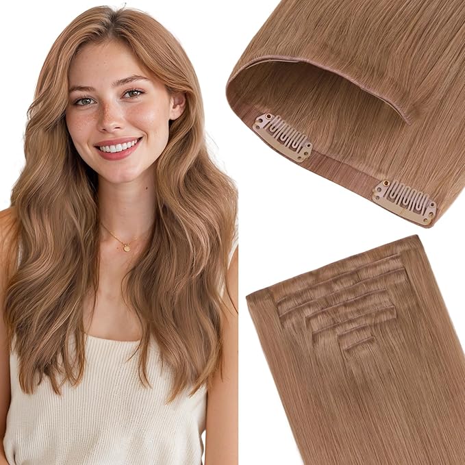 GOO GOO Invisi Edge Clip in Hair Extensions 18inch 120g 7Pcs Injected Seamless PU Clip in Hair Extensions, Virgin Real Human Hair, #15 Rose Gold