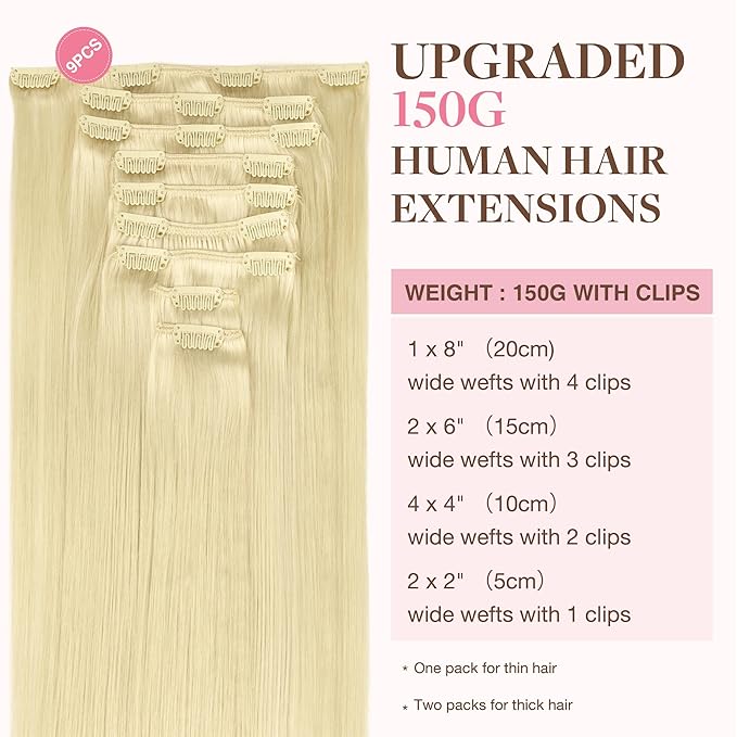 GOO GOO Clip in Hair Extensions Real Human Hair, Remy Human Hair Extensions Clip ins for Women, Natural Human Hair, 16inch 150g 9Pcs, 613R Bleach Blonde