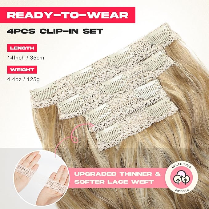 Hair Extensions, 14" Short Clip in Hair Extensions 4PCS Beach Wave Blonde Natural Soft Synthetic Hairpiece for Women - Golden Blonde with Highlights