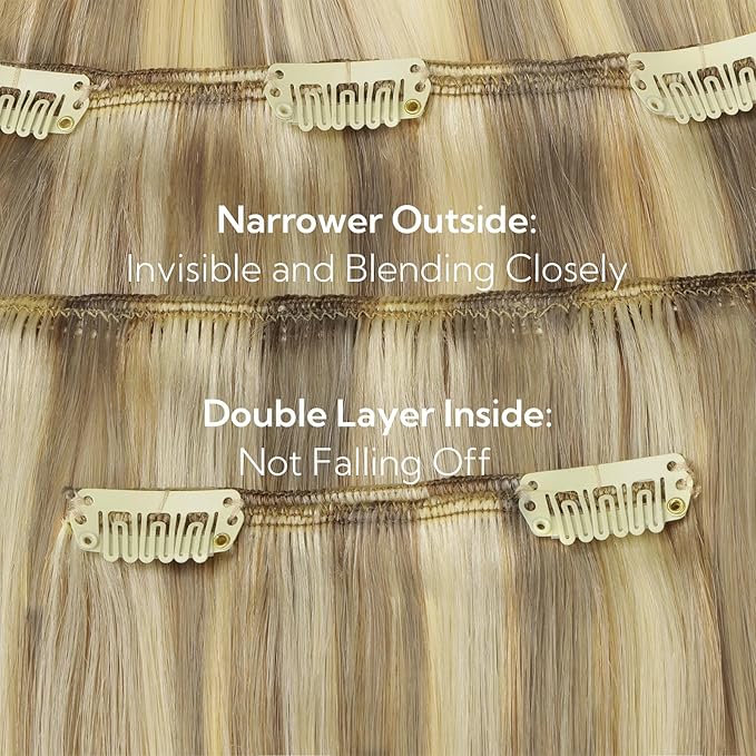 HOTBANANA Clip in Hair Extensions Real Human Hair, 130g 7pcs 18 inch Ash Brown Highlighted Golden Blonde Clip in Human Hair Extensions Straight Remy Hair Extensions Full Head