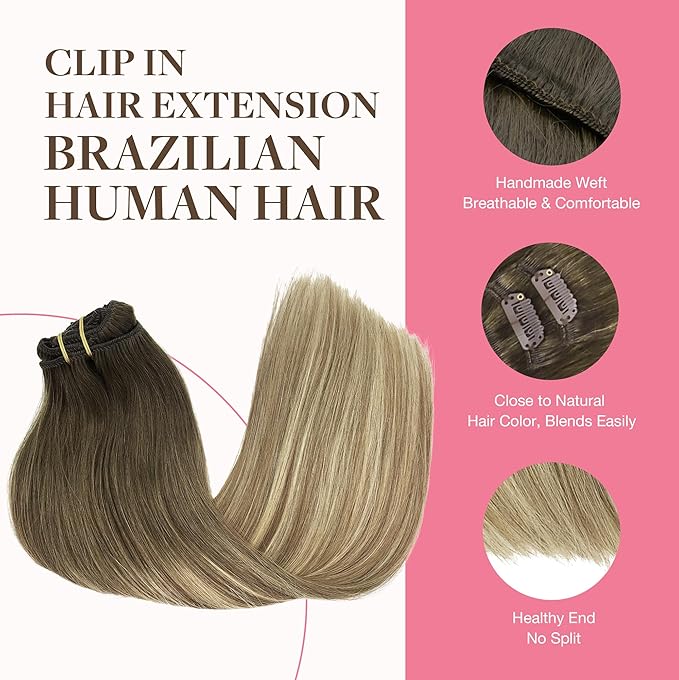 GOO GOO Clip in Hair Extensions Real Human Hair, Remy Human Hair Extensions Clip ins for Women, Natural Human Hair, 18inch 150g 9Pcs, 3/8/613 Balayage Walnut Brown to Ash Brown and Bleach Blonde