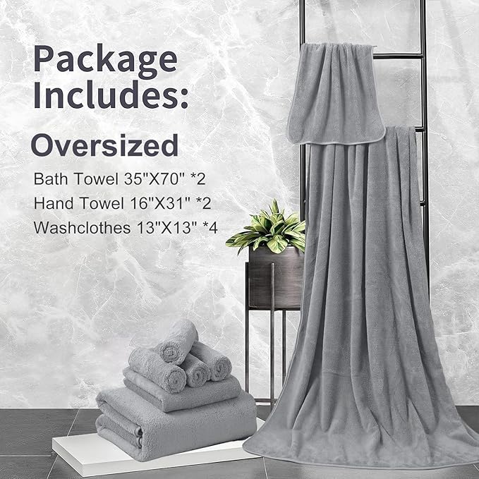 8 Pcs Bath Towels Set Light Gray,2 Oversized Bath Sheets 35x70 Inch/2 Hand Towels/4 Washcloths Bathroom Towels Quick Dry Towel Ultra Absorbent Soft Microfiber Shower Towels for Bathroom Hotel