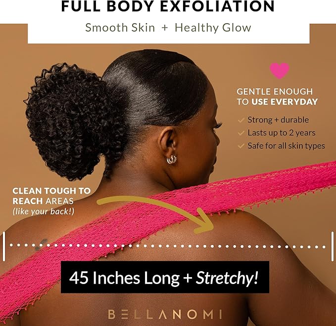BELLANOMI 4 Piece African Exfoliating Net Sponge Long African Bath Sponge, Authentic Ethically Sourced from Nigeria, Great for Daily Use (Pink, Indigo, Seafoam, Blush)