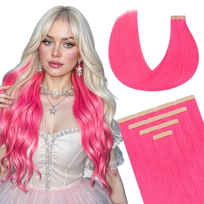 DOORES Hair Extensions Real Human Hair, Hot Pink 18 Inch 25g 10pcs, Tape in Skin Weft Natural Remy Straight Hair Extensions